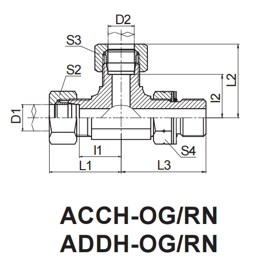 DIN 2353-(ACCH-OG/RN) RUN TEE METRIC MALE 24° CONE / METRIC MALE  ADJUSTABLE STUD END ISO 6149-2 