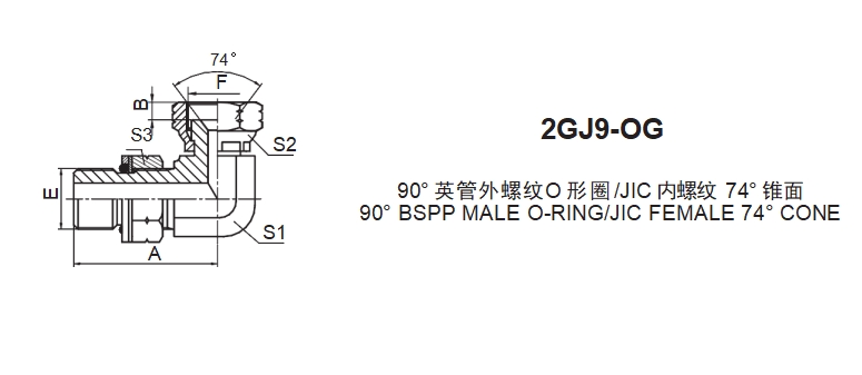  JIC Fittings SAE J514 /90°BSP MALE O-RING/JIC FEMALE 74° SEAT 2GJ-OG