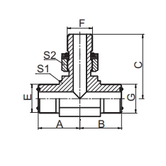 AFHF-OG SAE J1453 ORFS MALE O-RING / METIRC MALE ADJUSTABLE STUD END S-SERIES ISO6149-2 BRANCH TEE